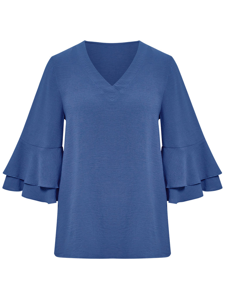 Bestseller Solid Color Loose V-neck Ruffle Top Women's Clothing