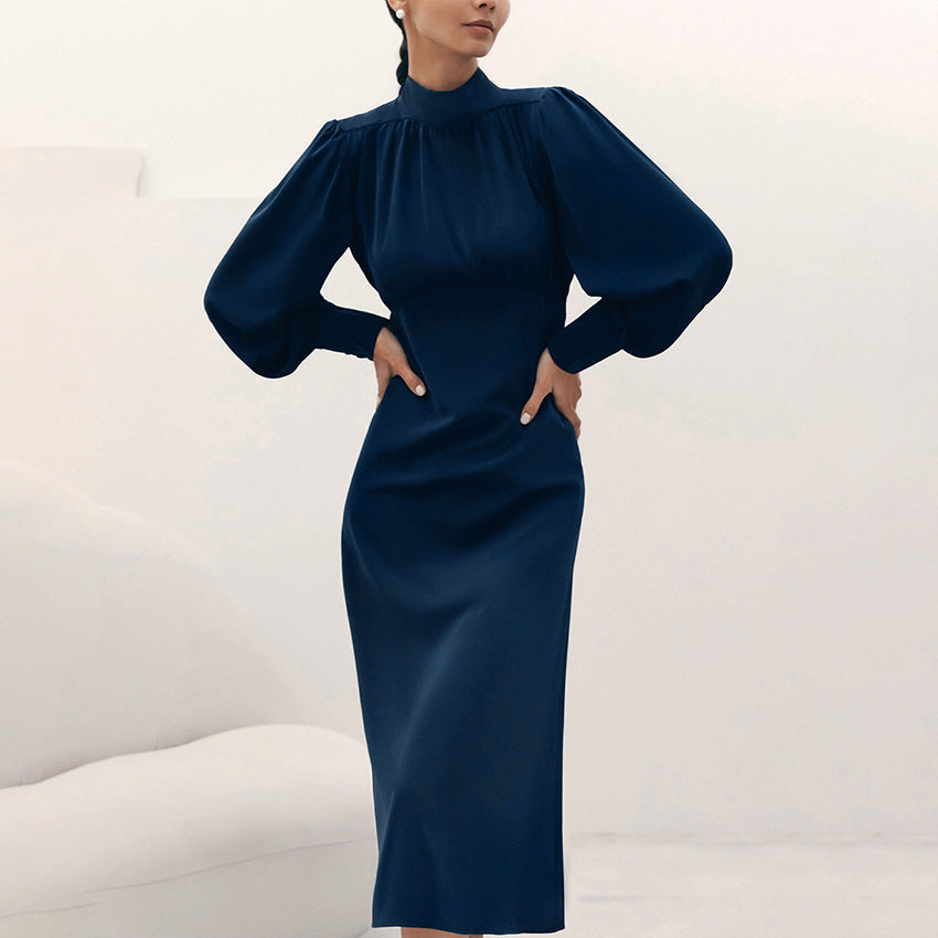 Turtleneck Long Sleeve Commuting Elegant Midi Dress High Waist Cocktail Dress A- line Dress