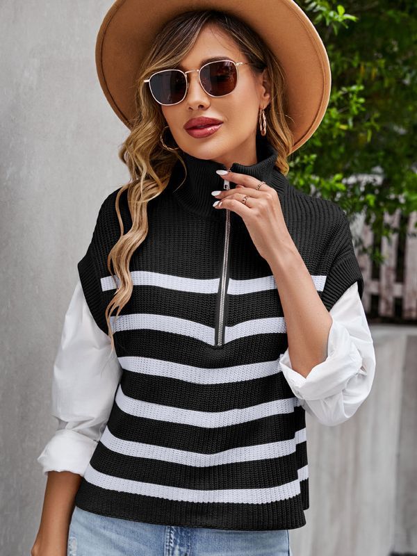 Loose Sleeveless Top Zipper Striped Knitted Vest Outer Wear Bandage Dress Pullover Sweater Vest