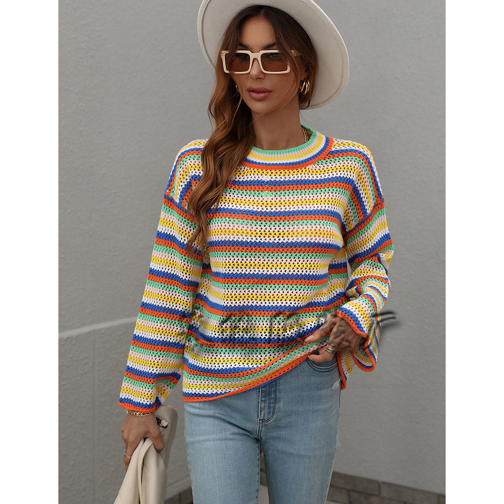 European and American Stitching Knitwear Women's Loose Cross-Color Foreign Trade round Neck Striped Sweater Women