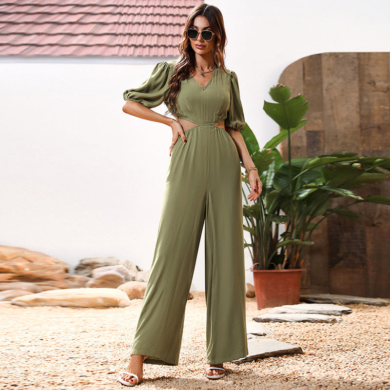 Loose Midriff Outfit V-neck Half Sleeves Army Green Casual Women's Jumpsuit