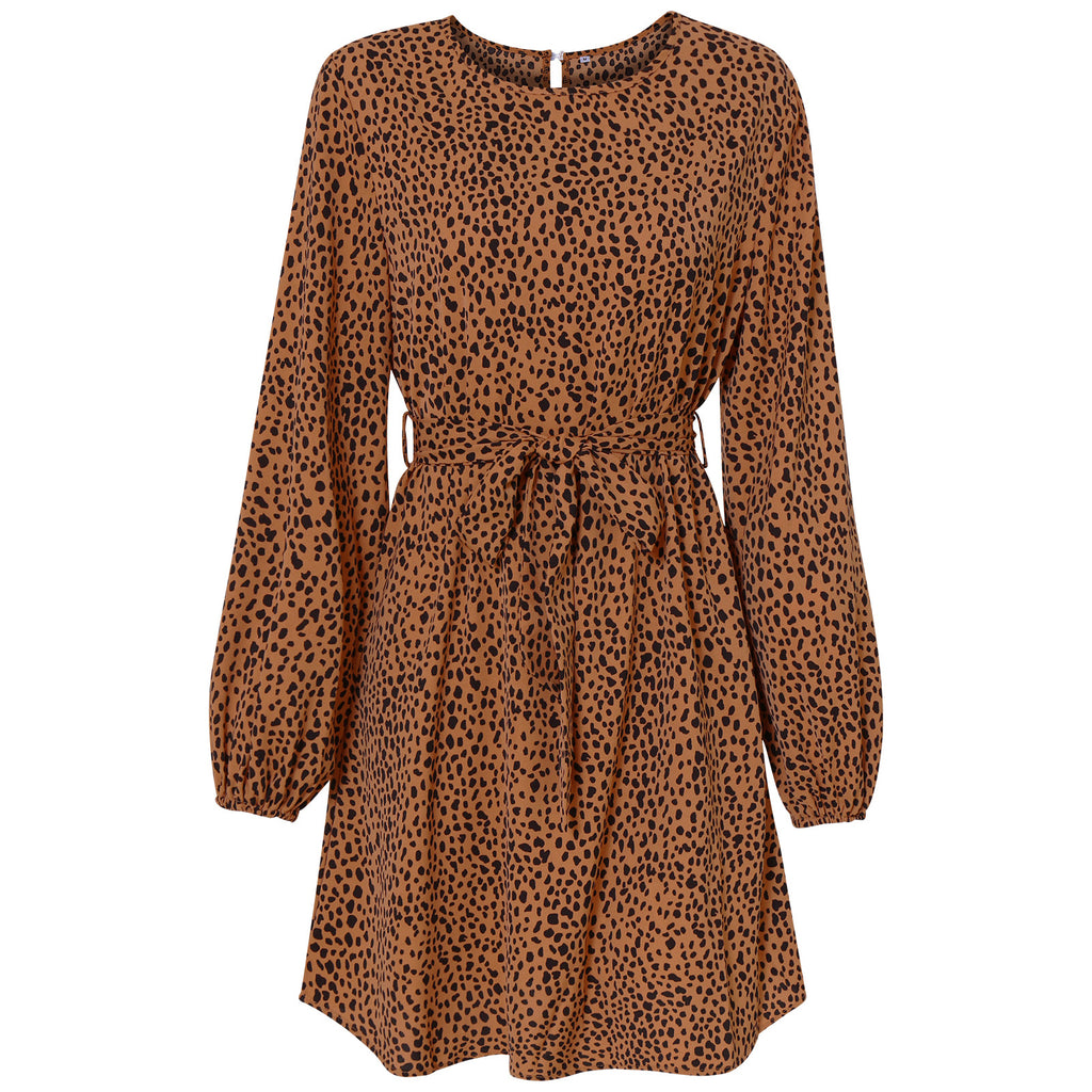 2022 autumn and winter new bandage skirt women's fashion round neck leopard print dress