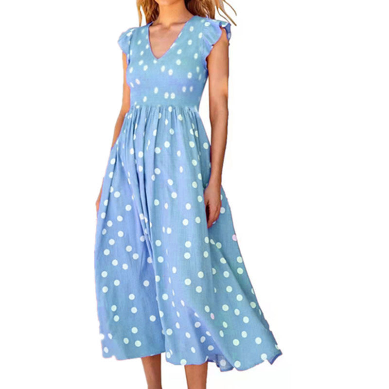Bestseller V-neck Tight Waist Large Skirt Polka Dot Printed Dress for Women