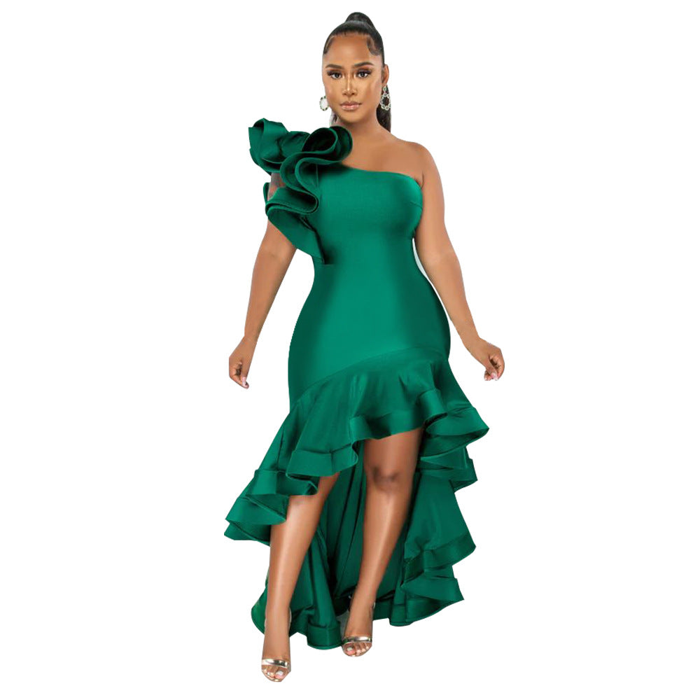 Evening Dress Solid Color Oblique Shoulder Fishtail Dress Ruffled Dress