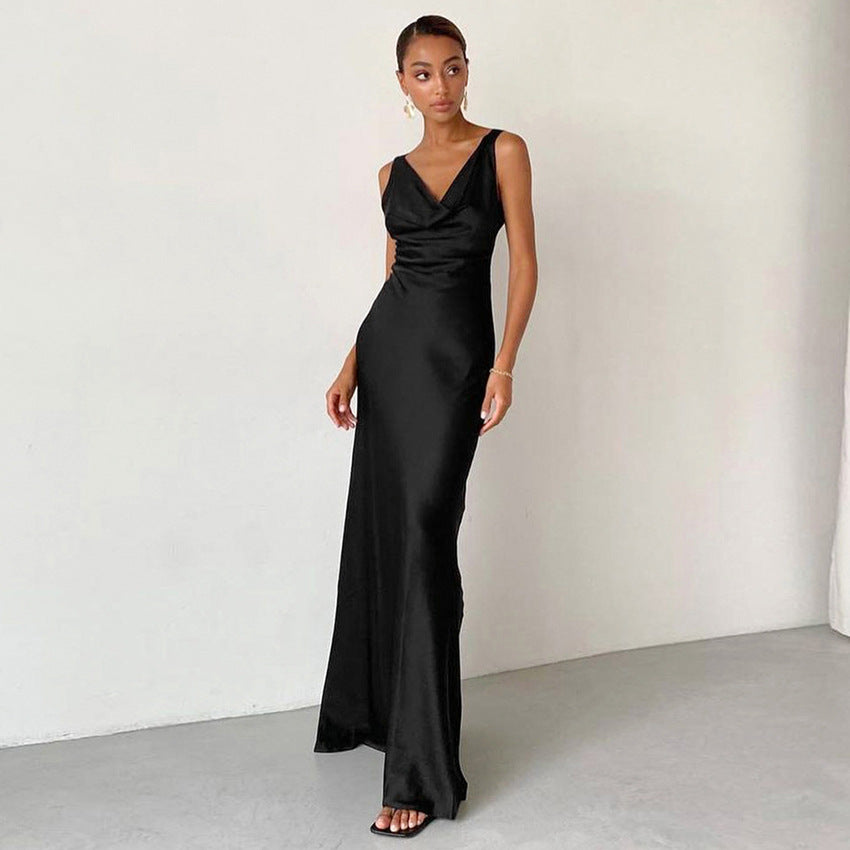 Temperament High Waist Dress All-Matching Base Long Dress Swing Collar Strap European and American Black Dress Dress