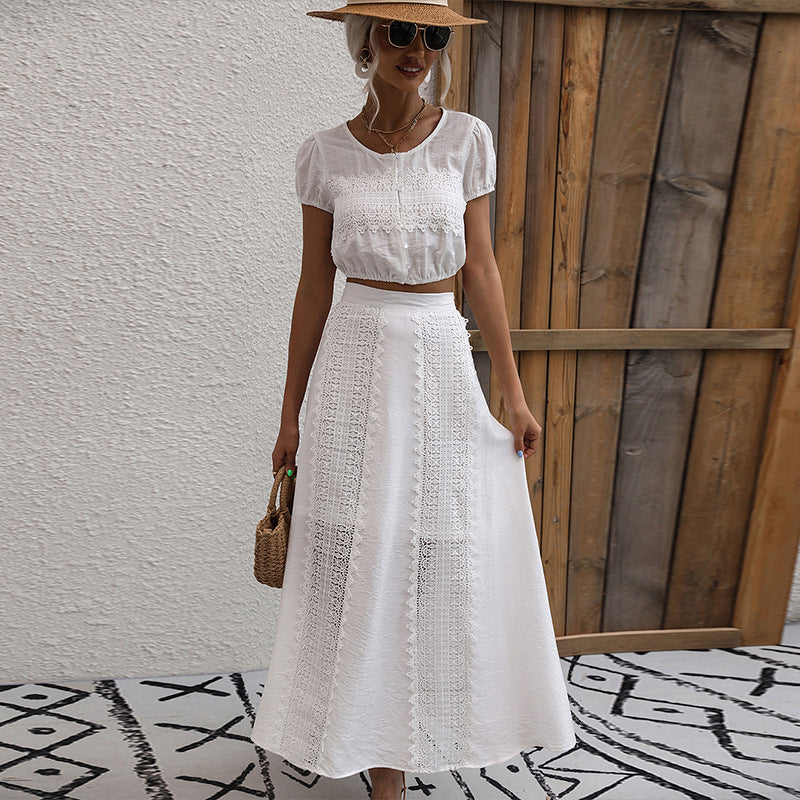 Short Sleeve round Neck Top Two-Piece Set White Skirt Suit Women