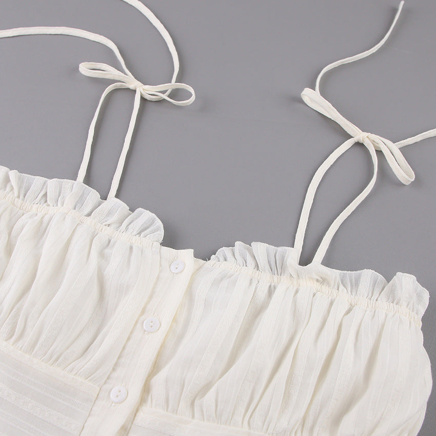 French Pure Cotton Slim White Dress White Suspender Dress Cinched Short Dress Temperament Commute Sexy