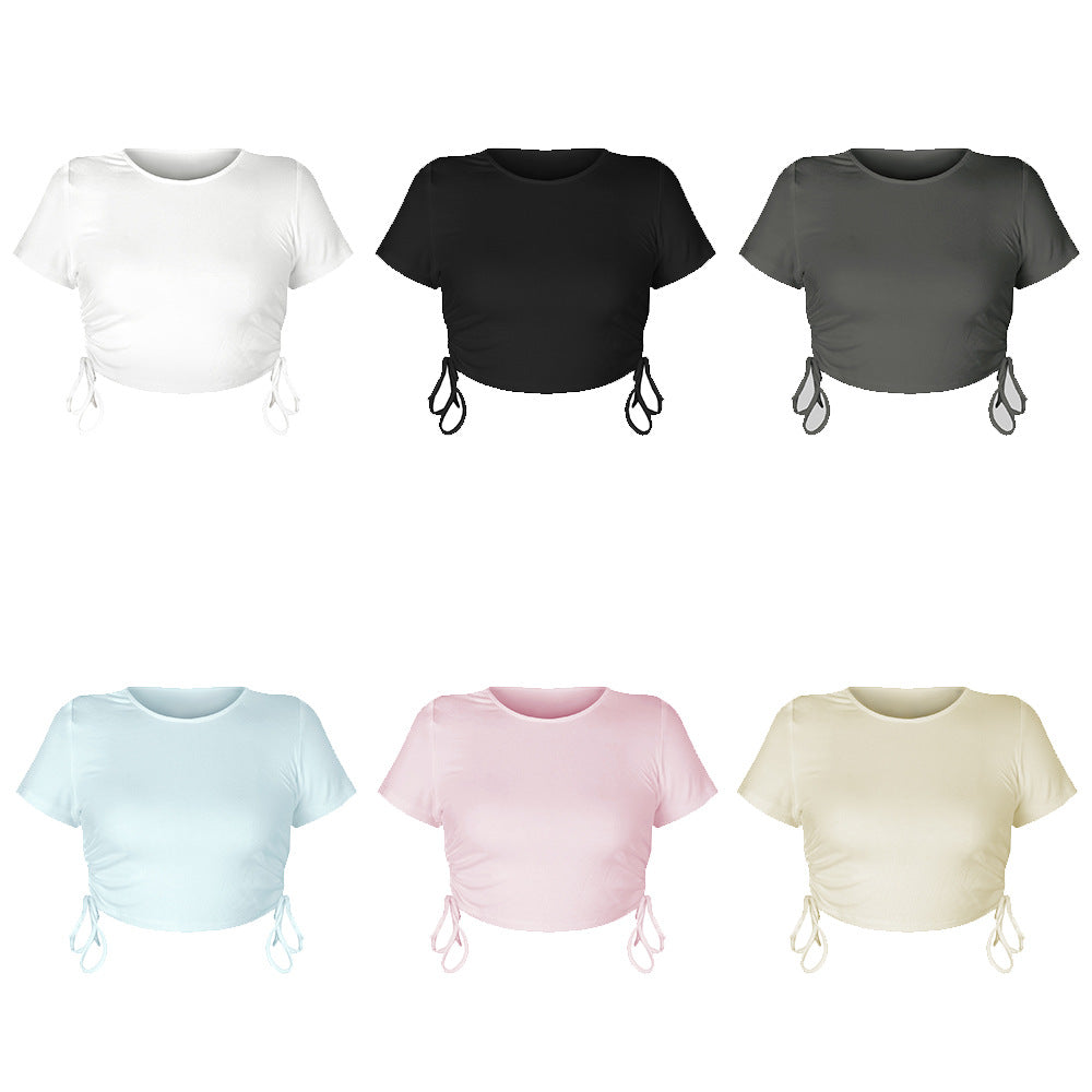 Fashion Sexy Sunken Stripe Cropped Drawstring Lace-up round Neck Short Sleeve T-shirt European and American Women's Top