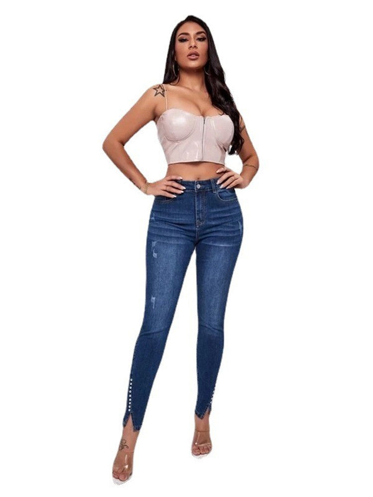 Amazon Hot Bifurcated Rivet Beads Slim Fit Patchwork High Waist Stretch Jeans Women's Trousers