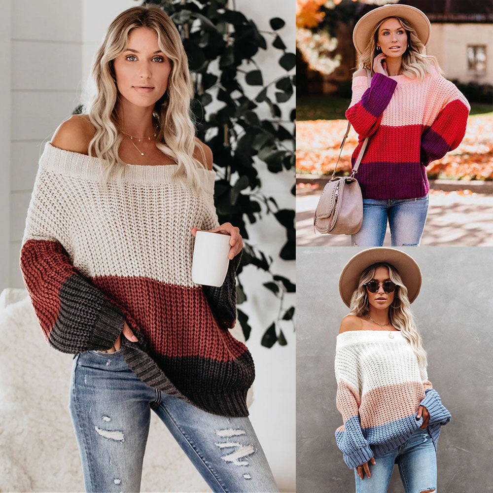 Women's Patchwork Women's Knitwear Pullover Ol Commuter Color Loose Sweater