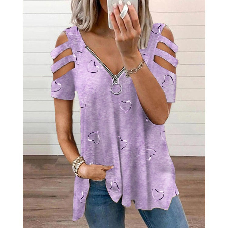 V-neck Zipper Printed Short Sleeve Loose-Fitting Casual T-shirt Women's Top