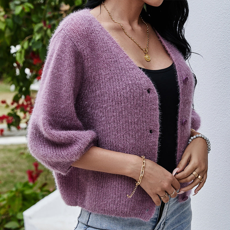 European and American V-neck Short Knitted Sweater Purple Sweater Loose 3/4 Sleeve Knitted Cardigan