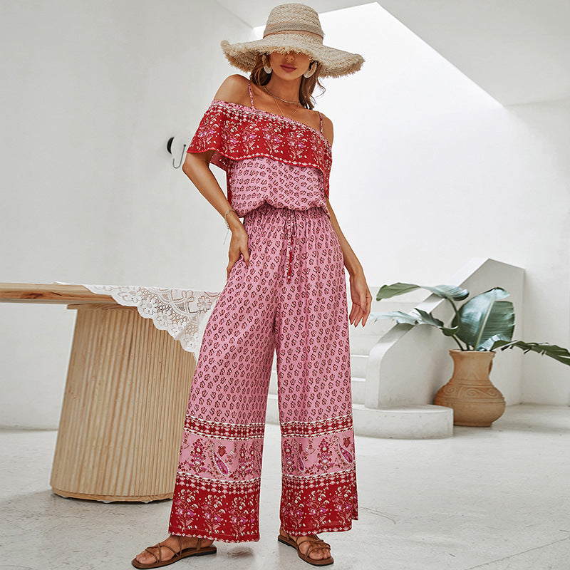 Sling off-Shoulder Red Printed Stitching Casual Long Women's Jumpsuit