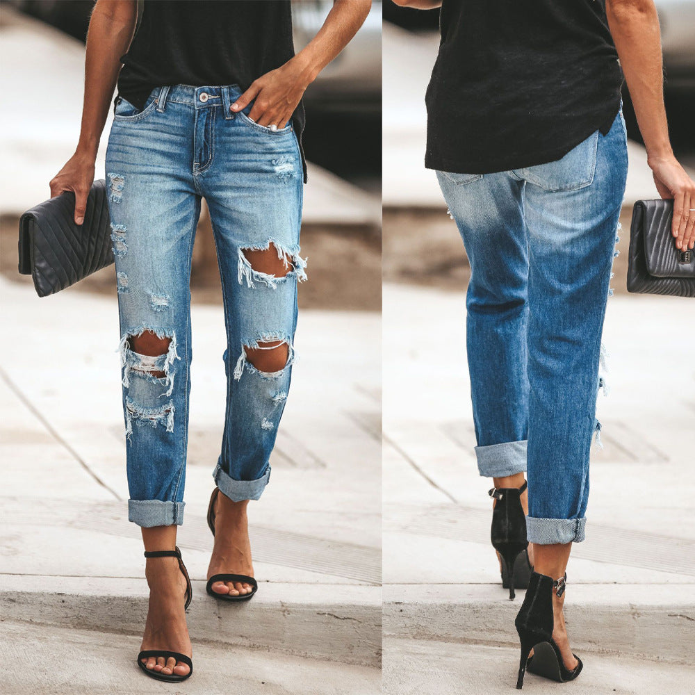 Ripped Straight Street Style Jeans for Women