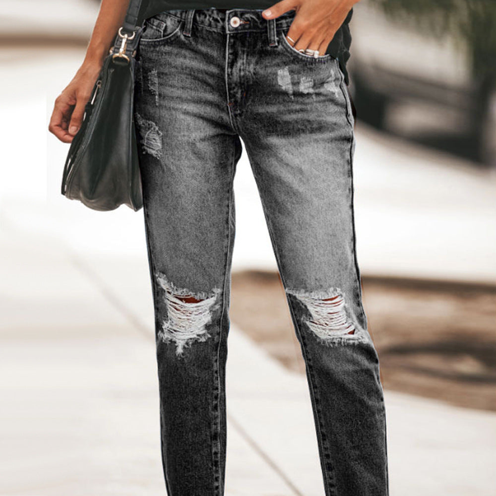 Denim Temperament Ripped Trousers Internet Celebrity Women's Clothes Casual Pants