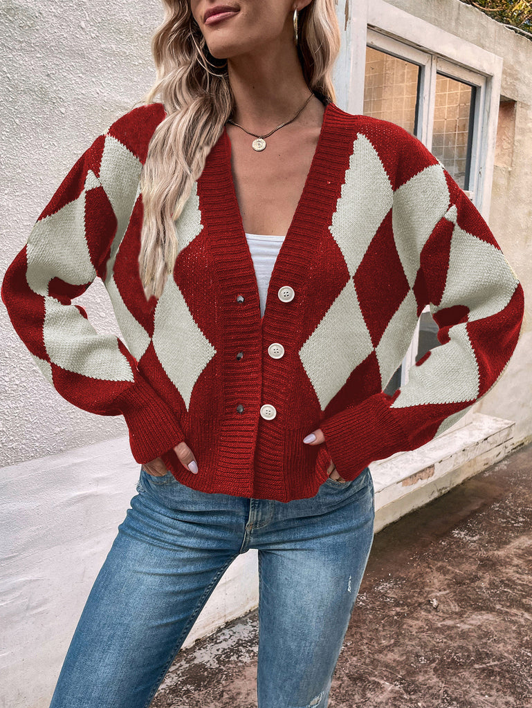Diamond Lattice Breasted Split Sweater Coat for Women