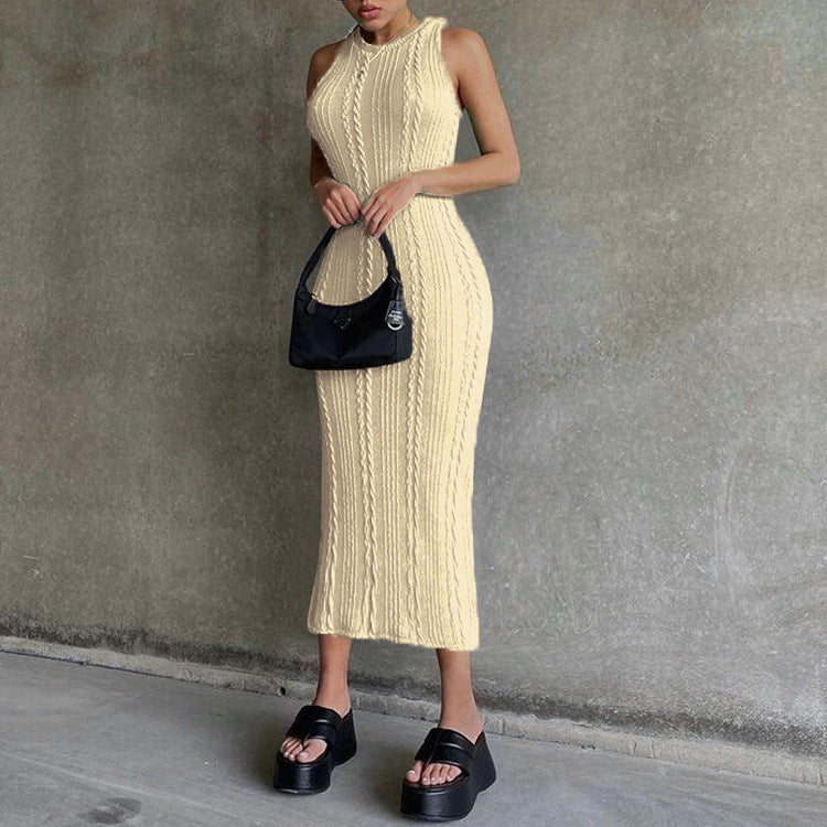 Popular Sheath High Waist Slim-Fit Solid Color Large Size One-Step Long Skirt Knitted Sleeveless Pullover round Neck Dress