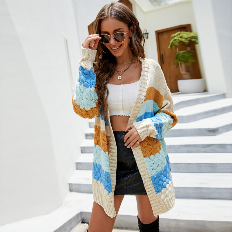 Mid-Length Knitted Cardigan European and American Women's Clothing Striped Contrast Color Sweater Coat