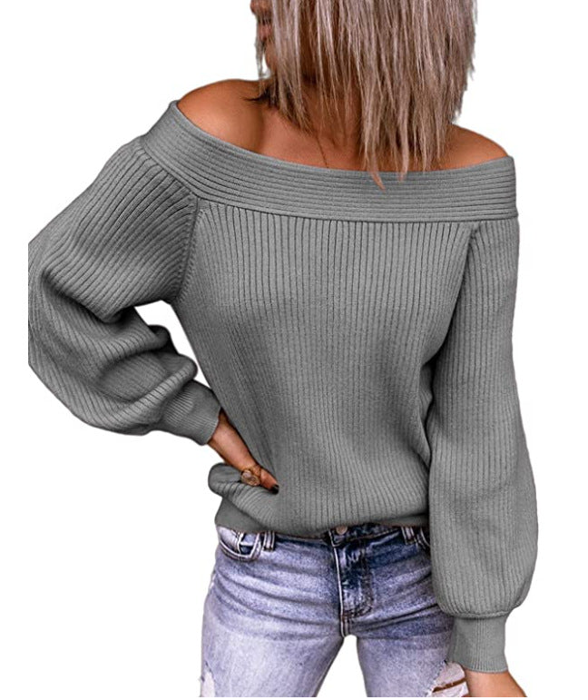 Off-the-Shoulder Large Size Loose Sweater Autumn and Winter Boat Collar Solid Color Pullover European and American Sweater Women