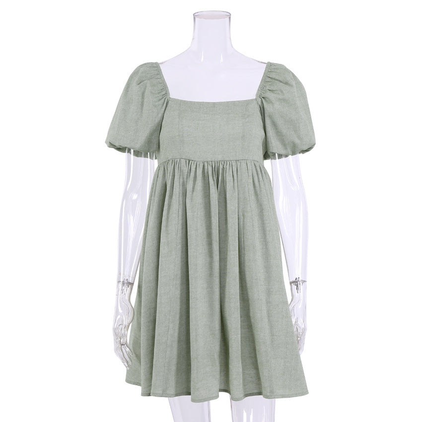 Bubble Sleeve Commuter Cotton and Linen Dress Short Sleeve Vacation Style Waist A- line Skirt Backless Skirt