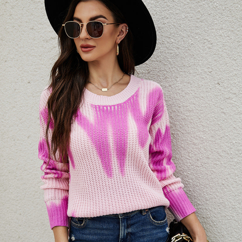 Printing and Dyeing Long-Sleeved Sweater Top round Neck Pullover Loose Knit Sweater for Women