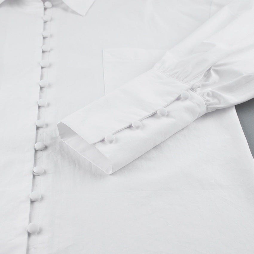 French Commuter Slim White Dress Shirt Dress Single-Breasted Tea Break Pure Style Women's Clothing