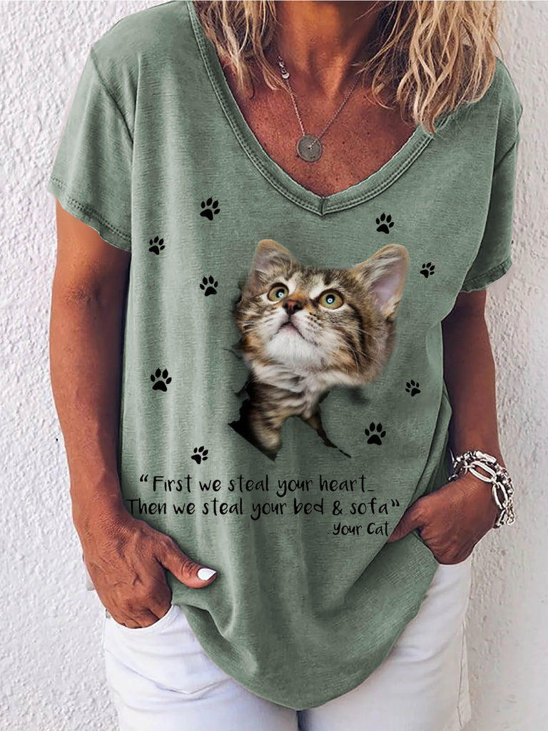 Women's V-neck Short-Sleeved Printed T-shirt Loose Top