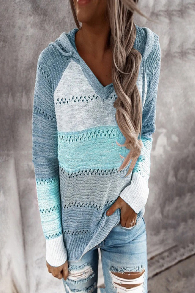 Contrast Color Sweater Women's V-neck Hooded Knitted Sweater for Women
