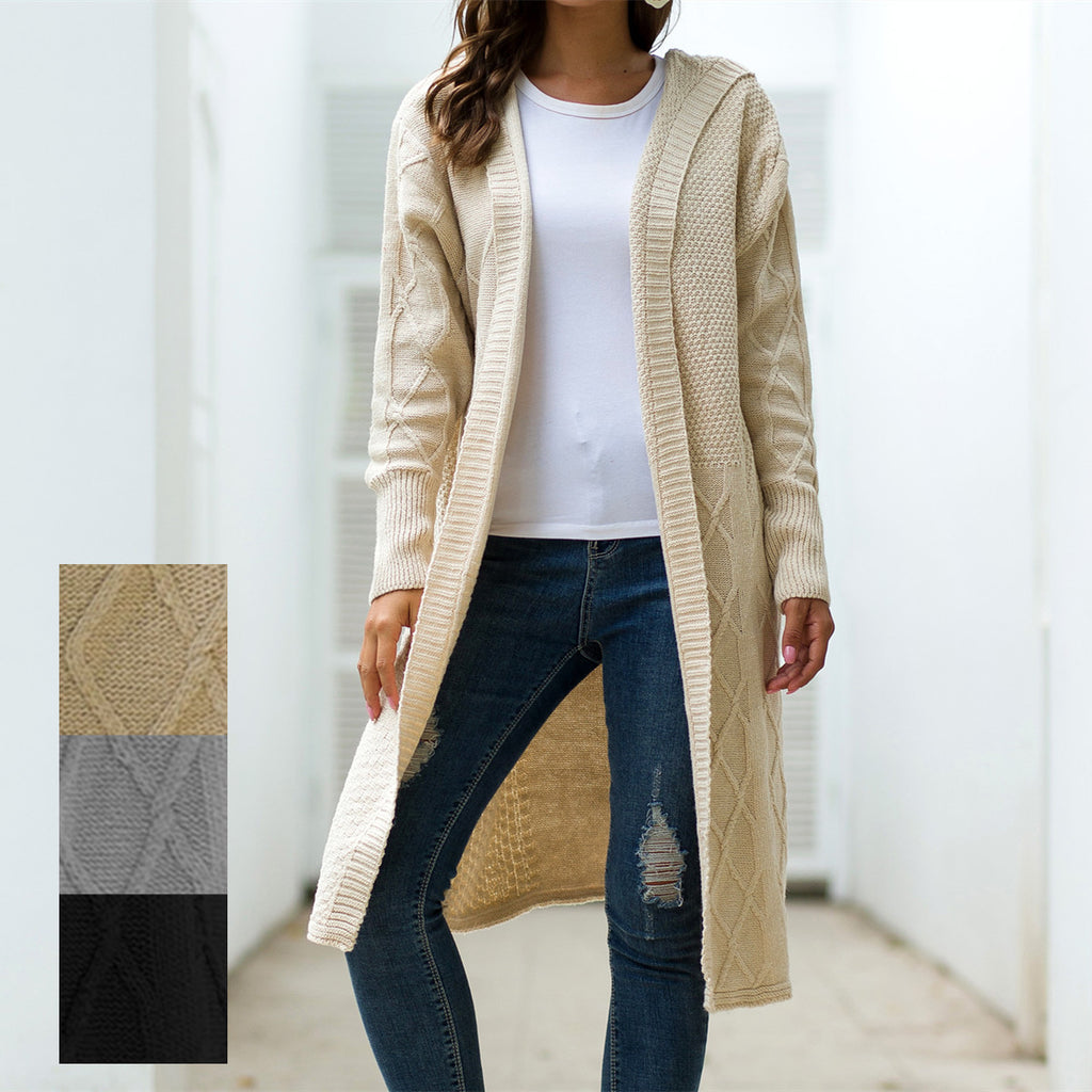 Mid-Length Hemp Pattern Hooded Sweater Coat
