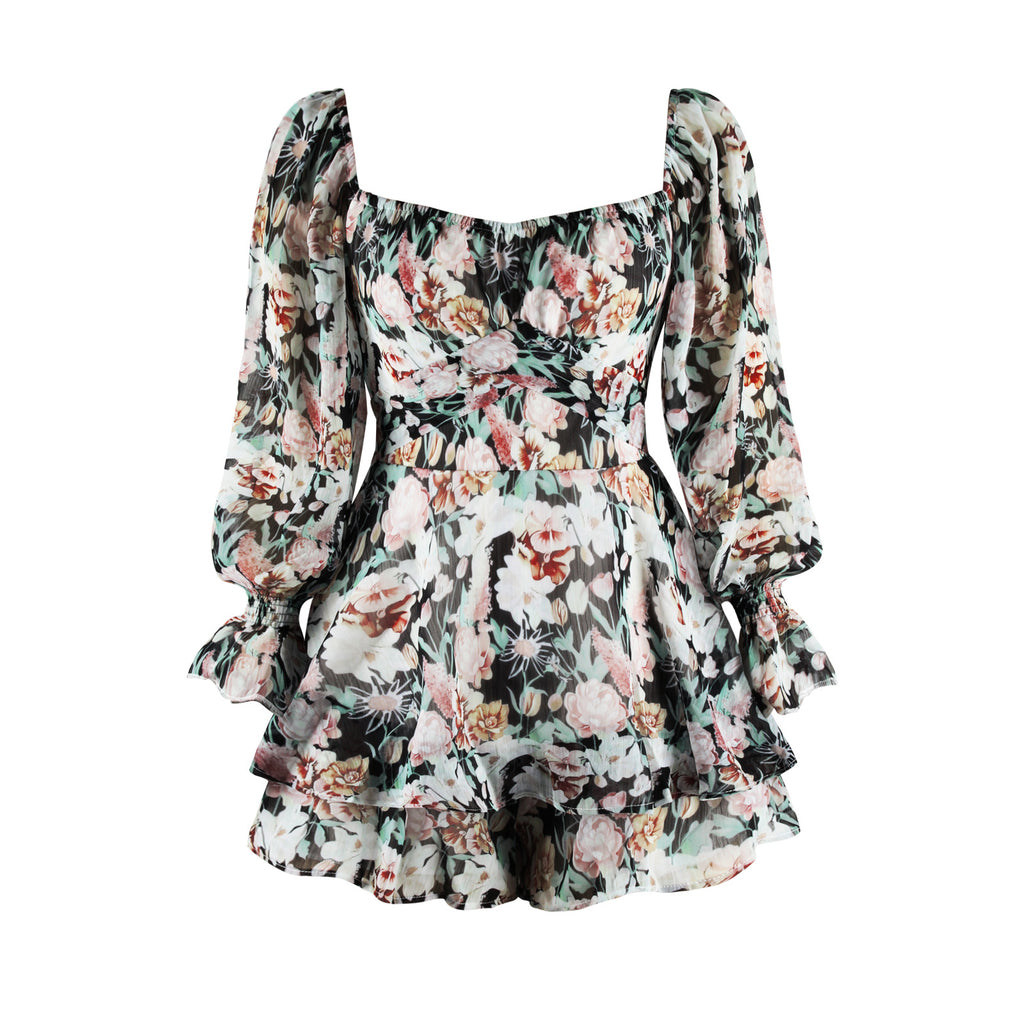 Jumpsuit New Floral Women's Sexy Backless Fashion Square Collar Long Sleeve European and American Ruffled Shorts Fashion