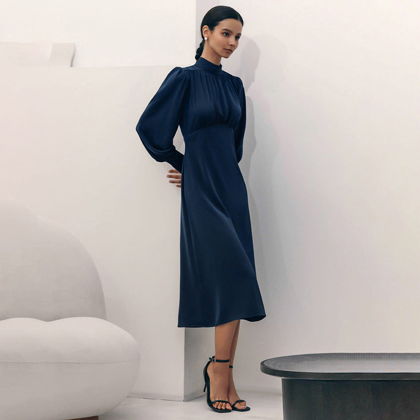 Turtleneck Long Sleeve Commuting Elegant Midi Dress High Waist Cocktail Dress A- line Dress