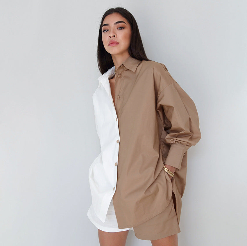 European and American Commuter Fashion Casual Set Women's Stitching Contrast Color Shirt Shorts Cotton Two-Piece Set