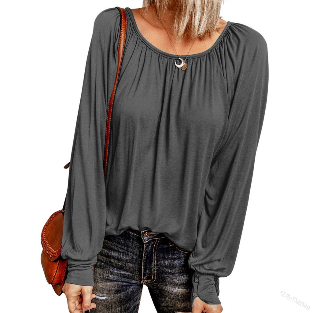 Bestseller Solid Color Crew Neck Casual Pleated Long-Sleeved Top