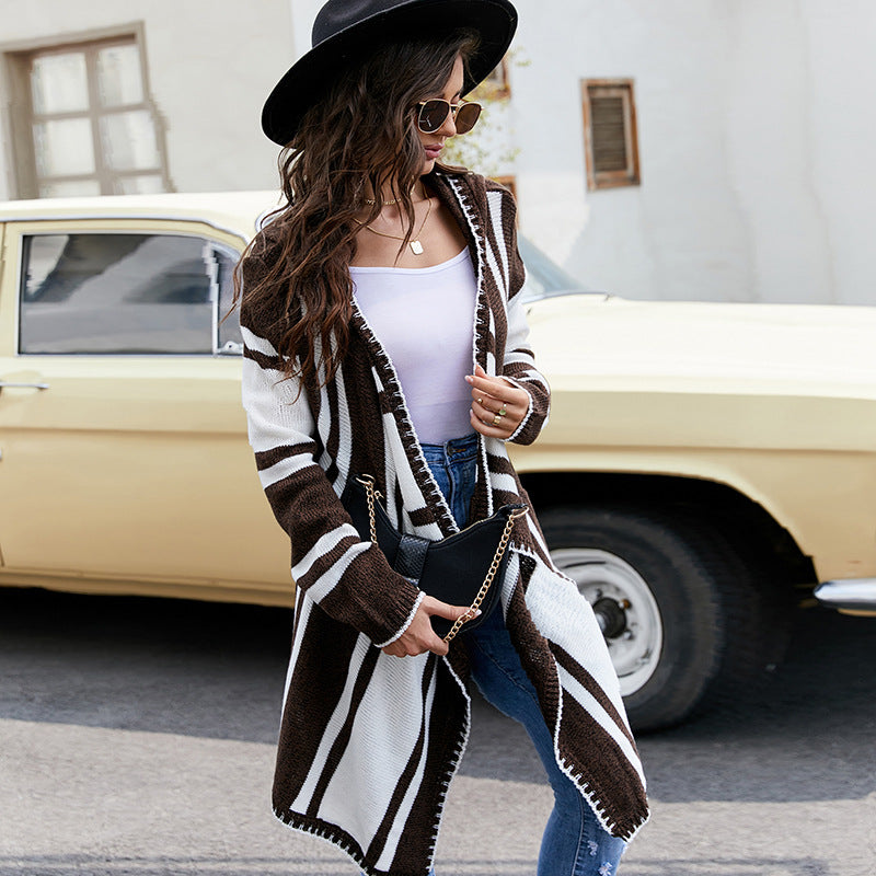 Striped Contrast Color Hooded Knit Cardigan Irregular Long Sleeve Sweater Coat