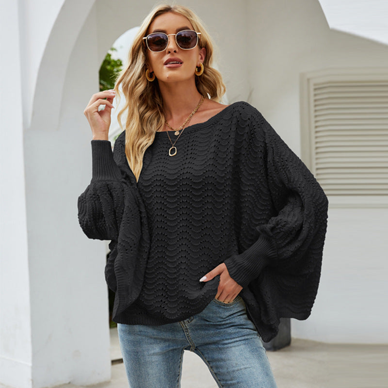 Women's British Style Solid Color off-the-Shoulder Sweater Loose Batwing Sleeve Pullover Sweater