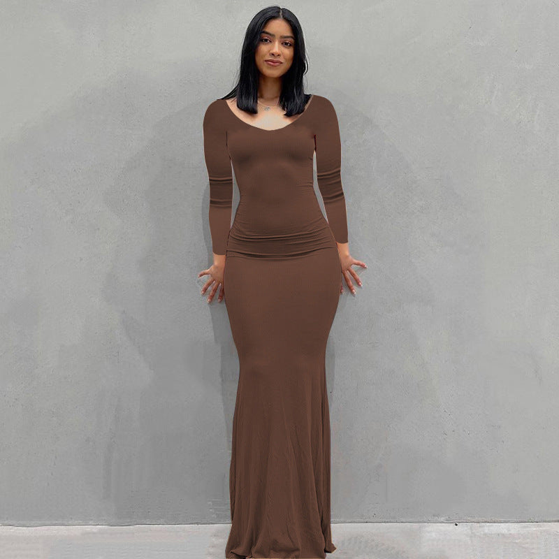 Women's Long Dress Casual Slim-Fit Long-Sleeved Home Dress