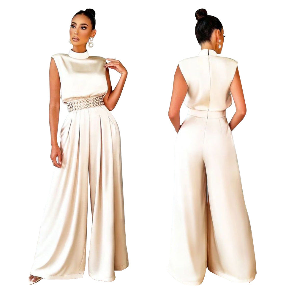 Fashionable Wide Leg Pants Solid Color Turtleneck Sleeveless Fitted Waist Jumpsuit