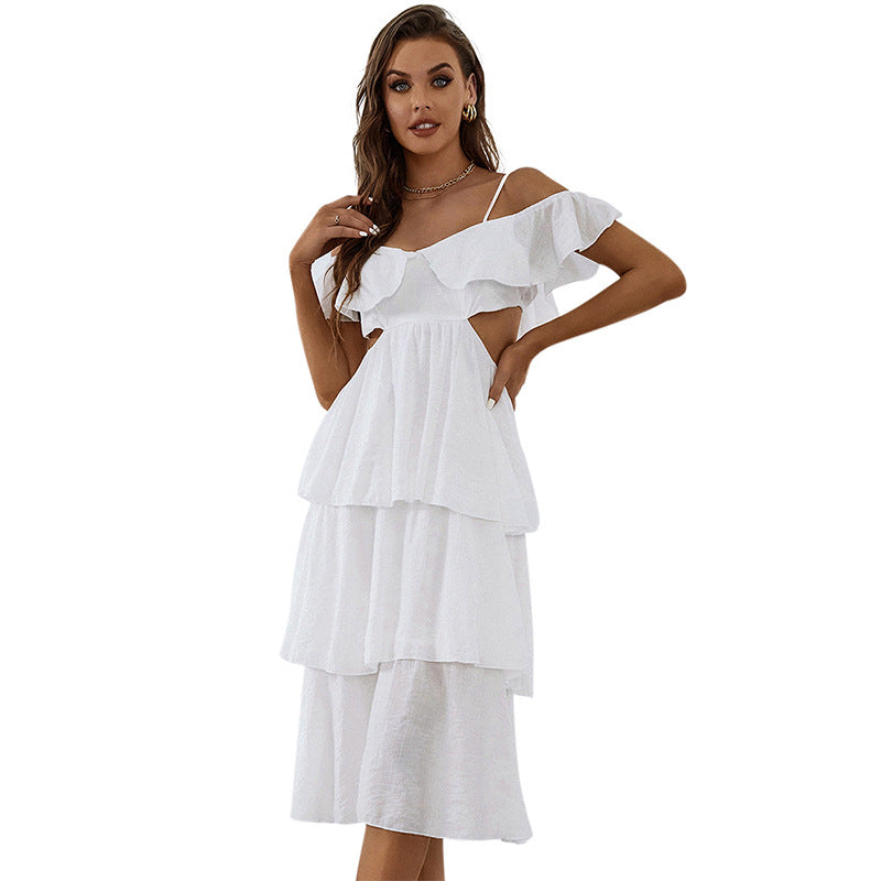 White Suspender Cake Dress Backless Midriff Outfit High Waist Women's Dress
