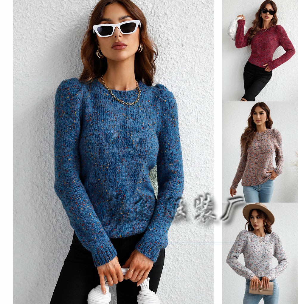 Sweater Pullover Solid Color European and American Temperament Commute round Neck NEPs Yarn Knitted Sweater for Women