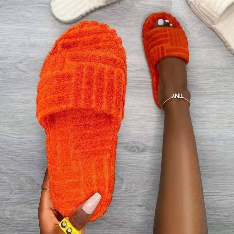 One-Word Thick Bottom Fluffy Slippers Women's Embossed Cotton Slippers Large Size Towel Slippers Women