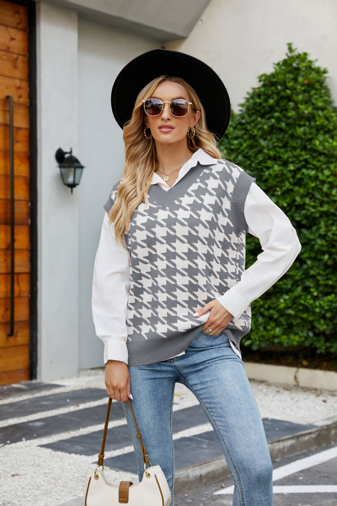 Sexy Women Clothing Houndstooth Sweater Loose-Fitting Sleeveless Shirt Sweater for Women