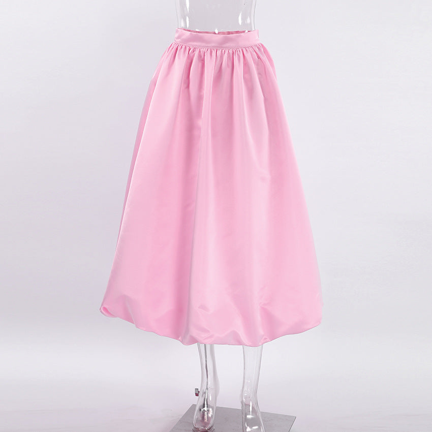 European and American Niche Pettiskirt Temperament Commute French Lantern Dress High Waist Pure Color Midi Dress for Women