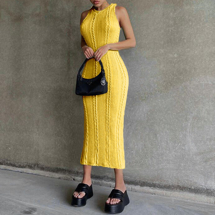 Popular Sheath High Waist Slim-Fit Solid Color Large Size One-Step Long Skirt Knitted Sleeveless Pullover round Neck Dress