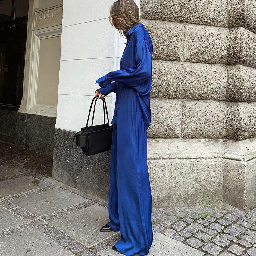 Klein Blue Casual Women 'S Satin Shirt Mop Trousers Two-Piece Set