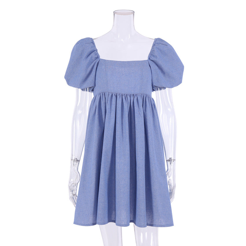 Bubble Sleeve Commuter Cotton and Linen Dress Short Sleeve Vacation Style Waist A- line Skirt Backless Skirt