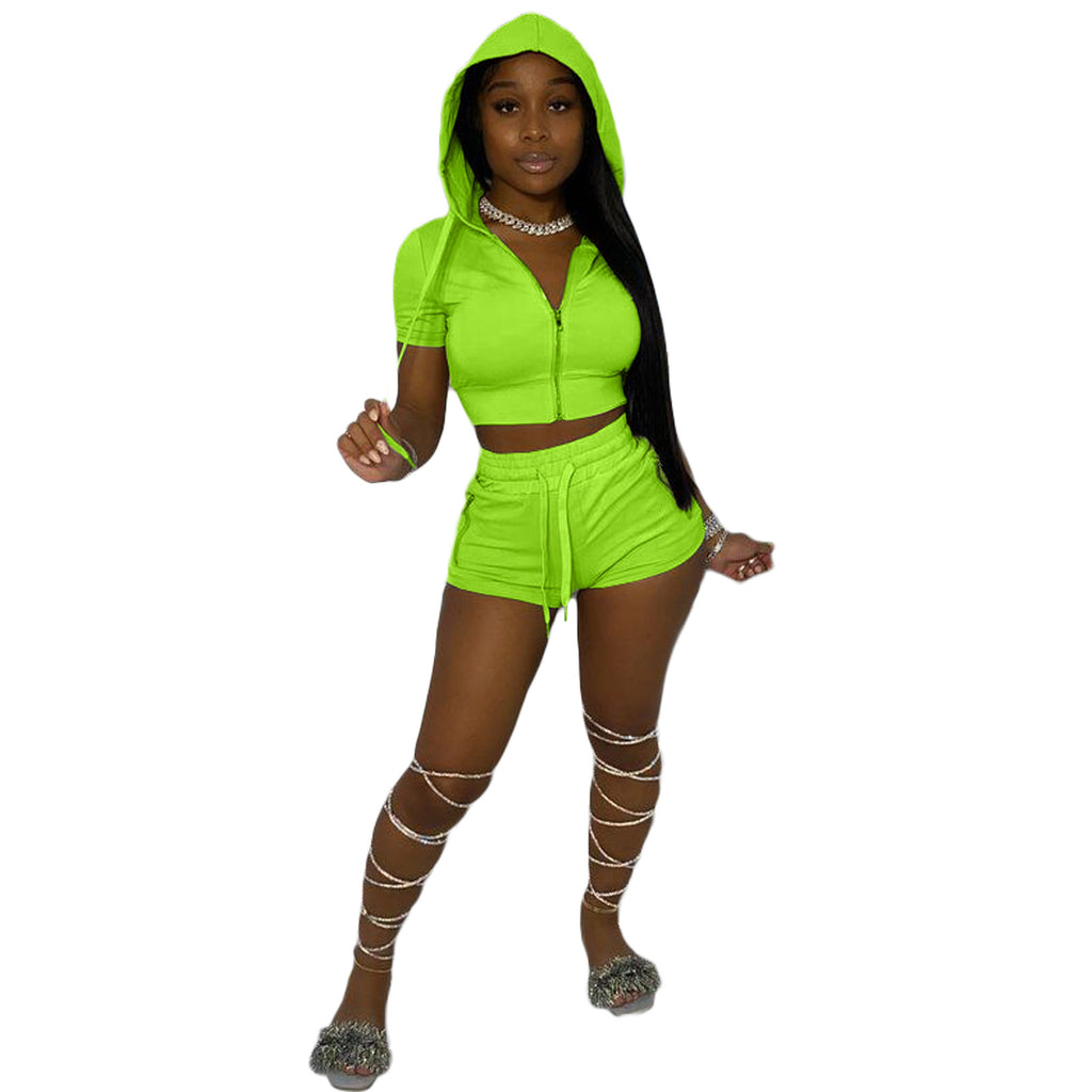 Solid Color Hooded Navel T-shirt Shorts Casual Suit Two-Piece Set