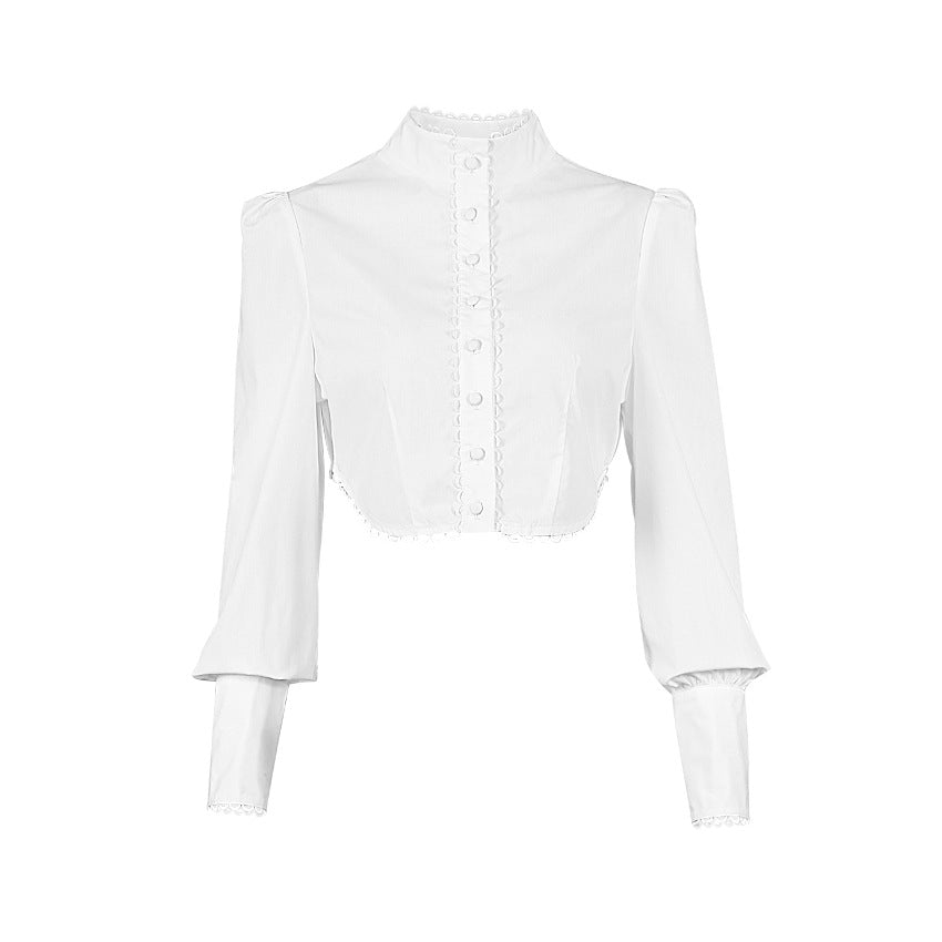 Chinese Style Stand Collar Short Shirt Crocheted Elegant Bare Midriff Slim Fit Shirt Women's European and American Style