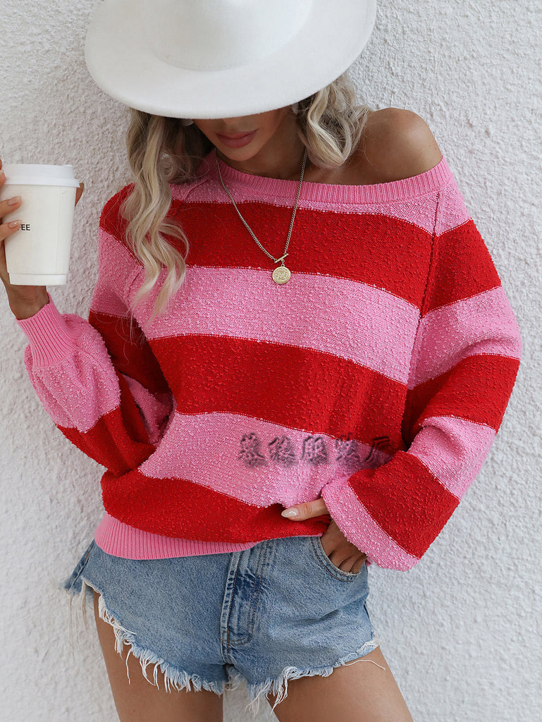 2 Sweater Stitching Color Striped Sweater Pullover Loose Sweater for Women