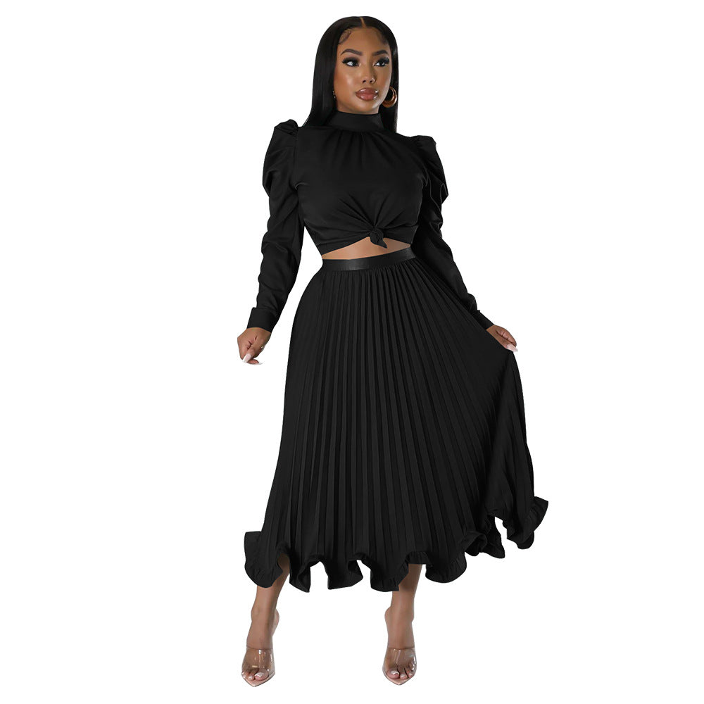 Puff Sleeve Top Ruffled Pleated Skirt Two-Piece Set