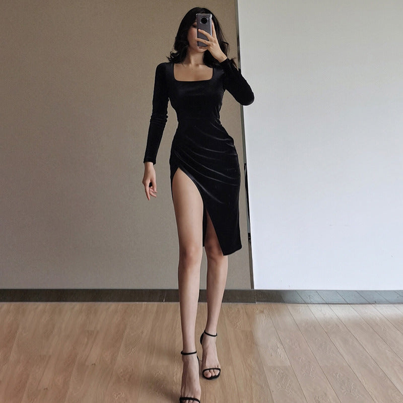 2022 European and American 22397p Sexy Diamond Long Slit One-Step Dress Sexy Slim Fit Square Collar Dress for Women